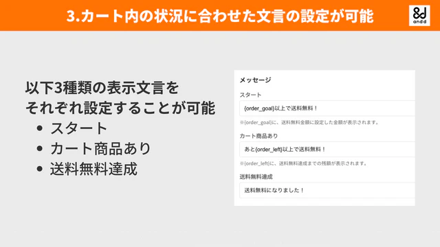 カート内の状況に合わせた文言の設定が可能