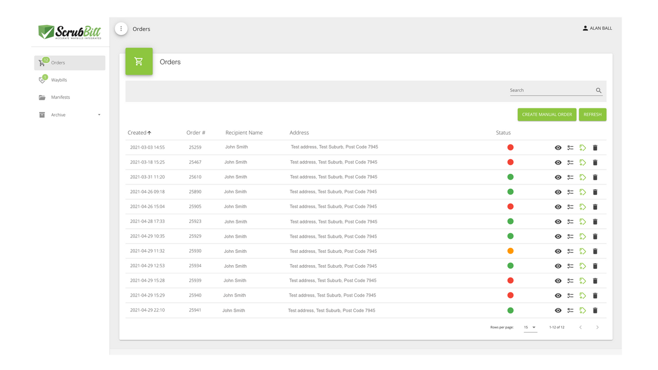 ScrubBill App Orders page view of our user interface