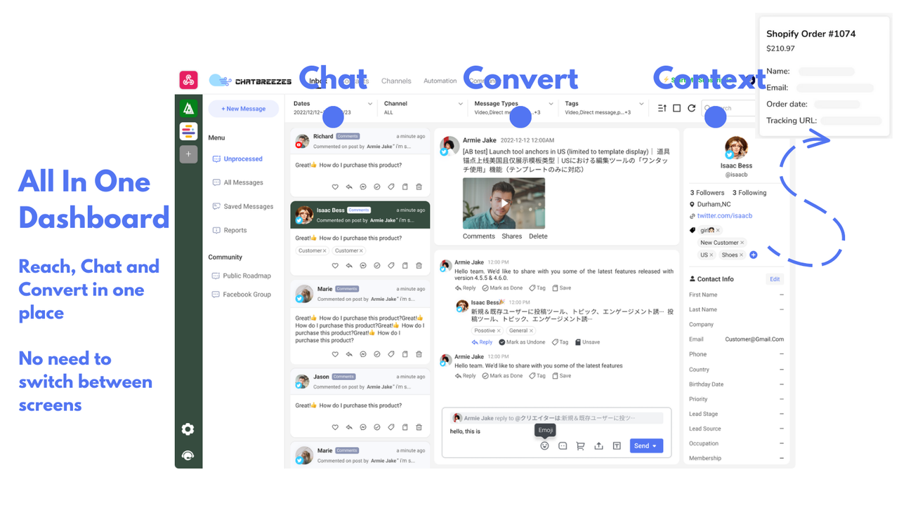 Chat, Convert, View Customer Profile & Order Data In One Place