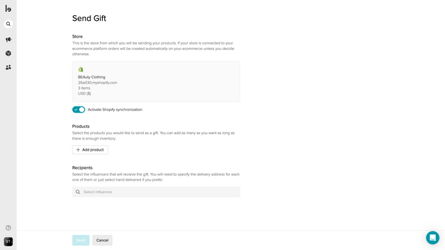 Send gifts to your influencers and create Shopify orders