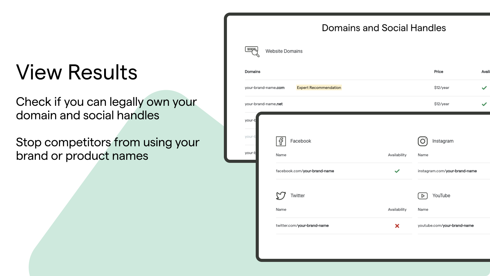 Domain and social handle search results