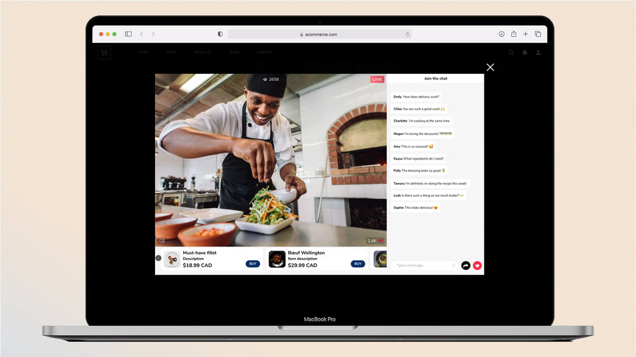 Vue intégrée du shopping en direct sur le bureau - Chat en direct