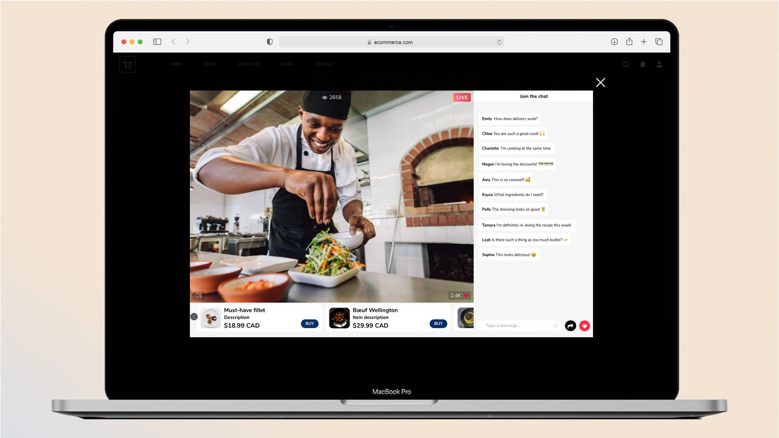 Vue intégrée du shopping en direct sur le bureau - Chat en direct