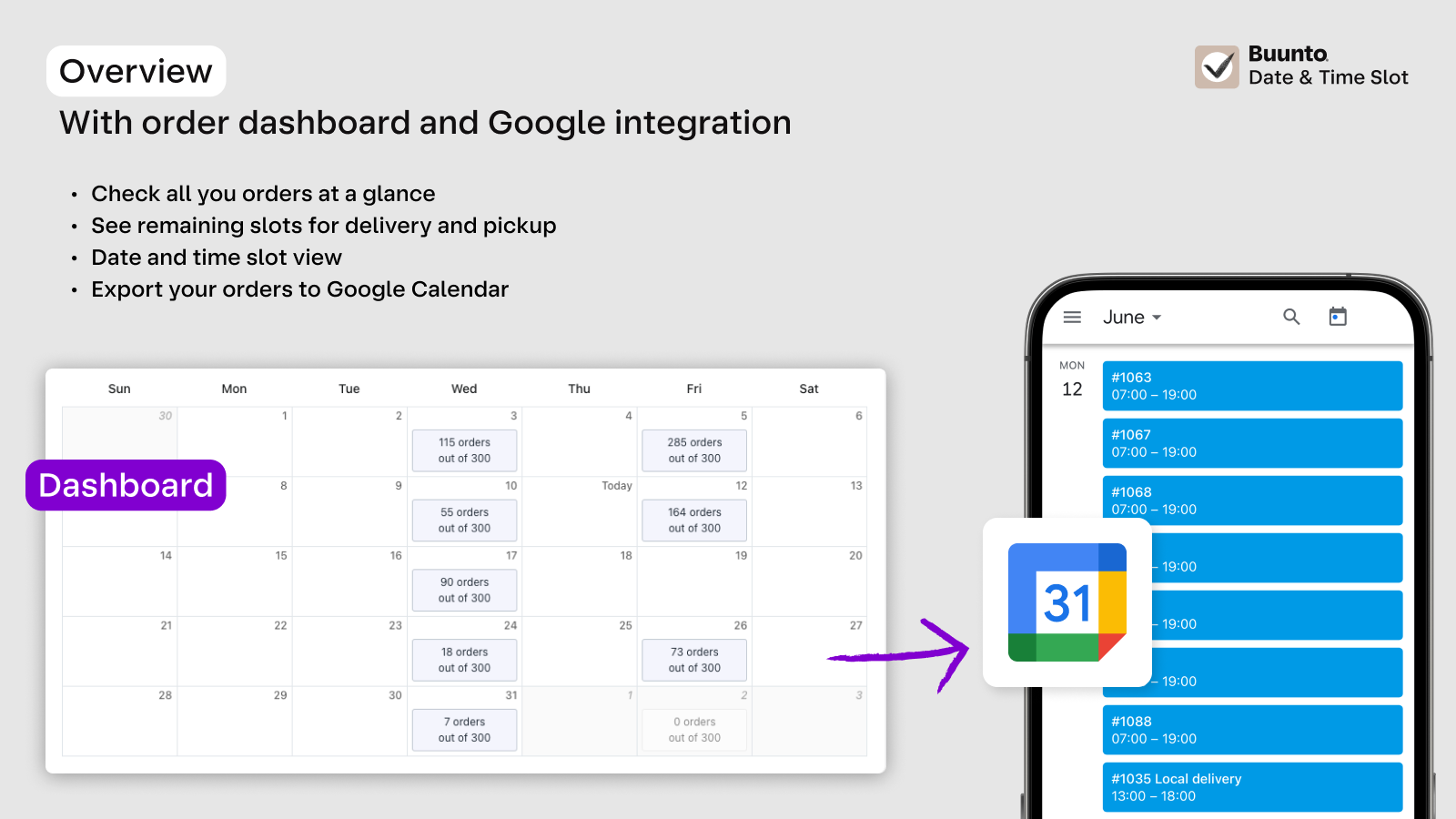 Order dashboard and Google calendar integration