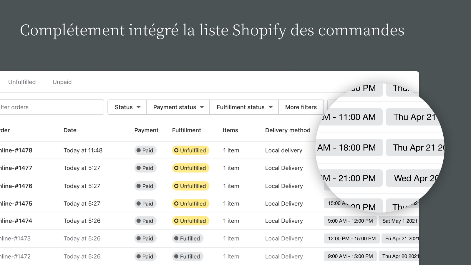 Complétement intégré la liste Shopify des commandes