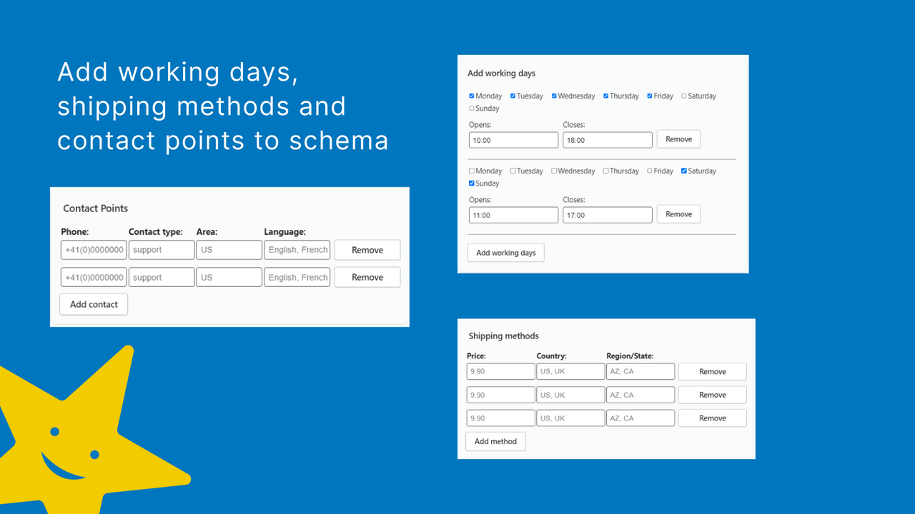 Add working days, shipping methods and contact points to schema