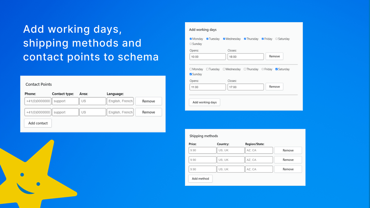Add working days, shipping methods and contact points to schema