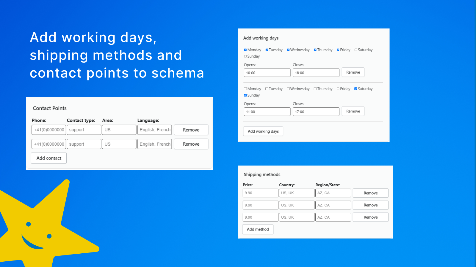 Adicionar dias úteis, métodos de envio e pontos de contato ao esquema