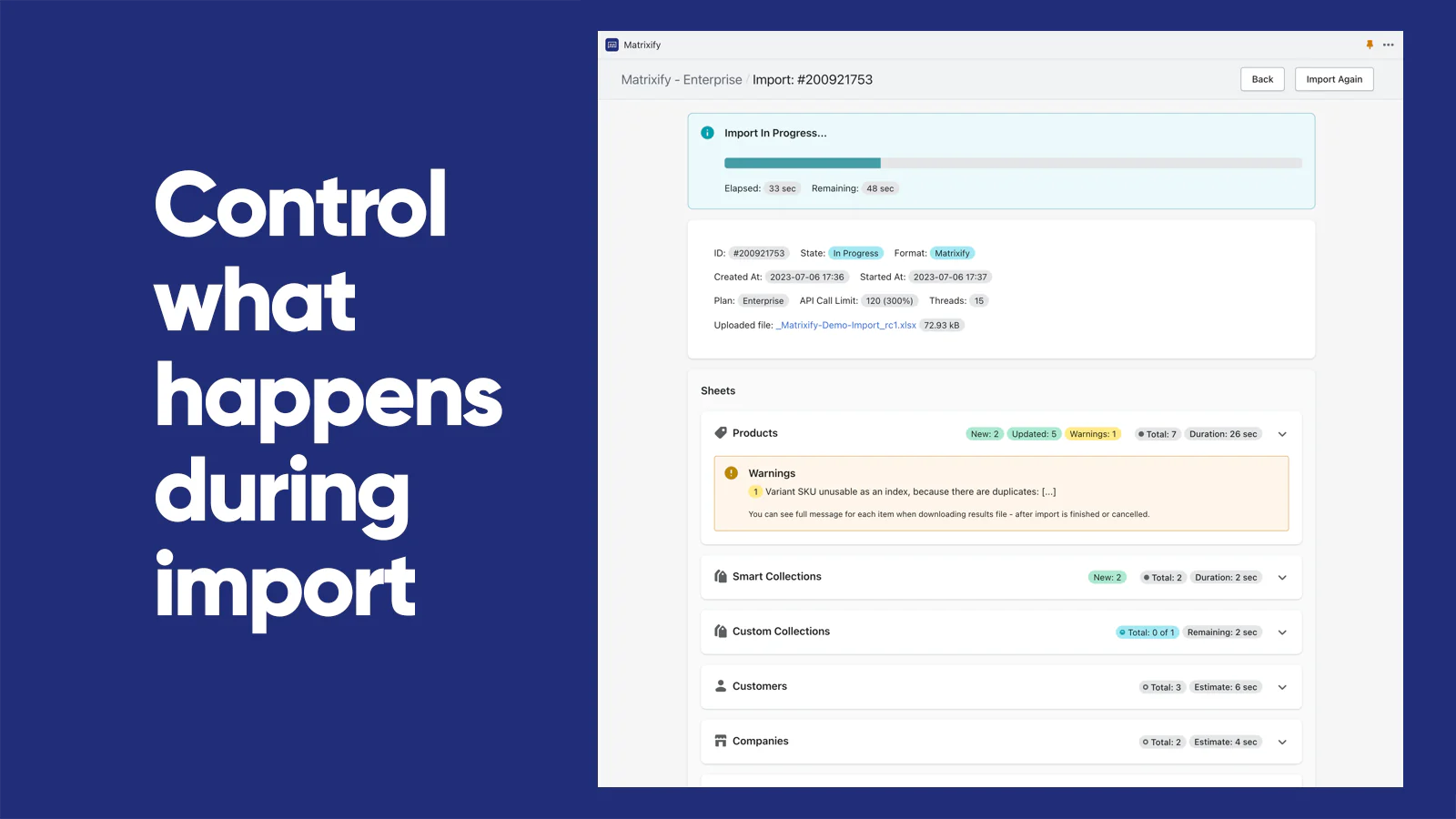 Kontroller, hvad der sker under import | Matrixify (Excelify)