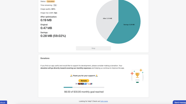 PixelPress - Optimization info section and donation section