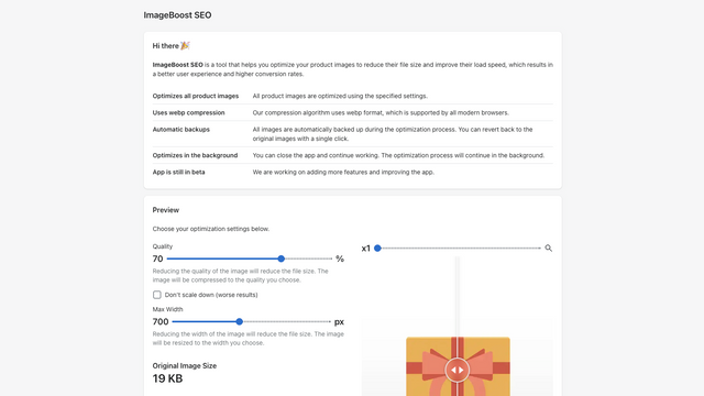 PixelPress - Info och optimeringsinställningar sektion