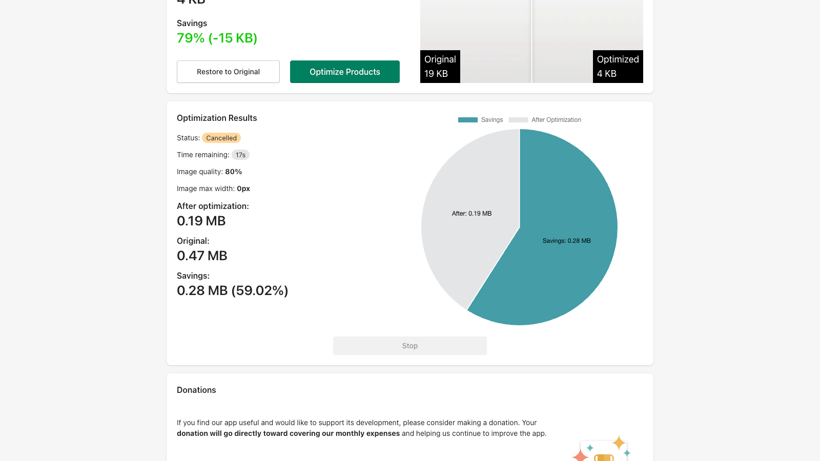 PixelPress - Sección de información de optimización