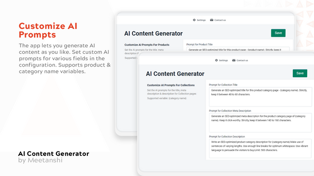 Meetanshi AI Content Generator Prompt for Product and Collection