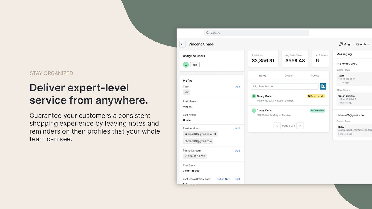 Create notes and tasks on customer profiles to stay organized.