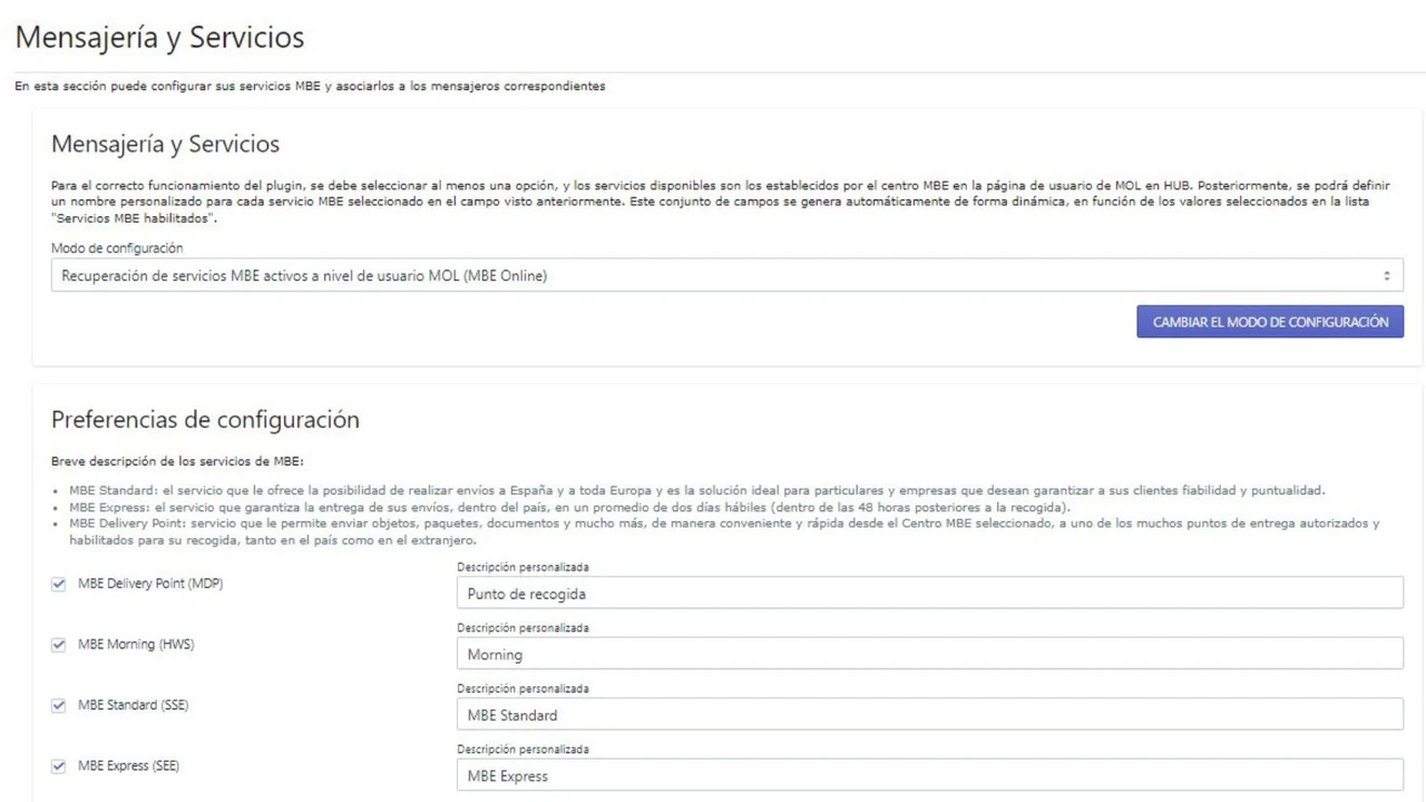 Configuración del envíos