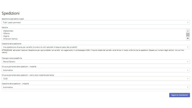 Impostazioni spedizioni