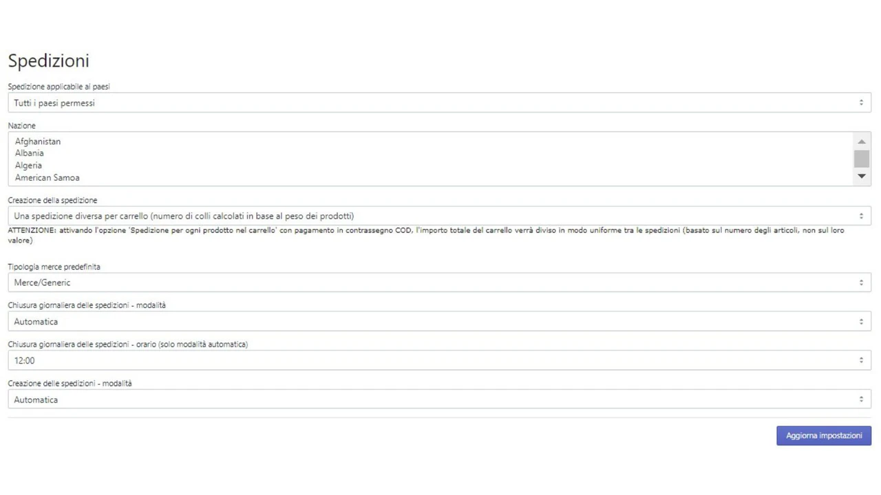 Impostazioni spedizioni
