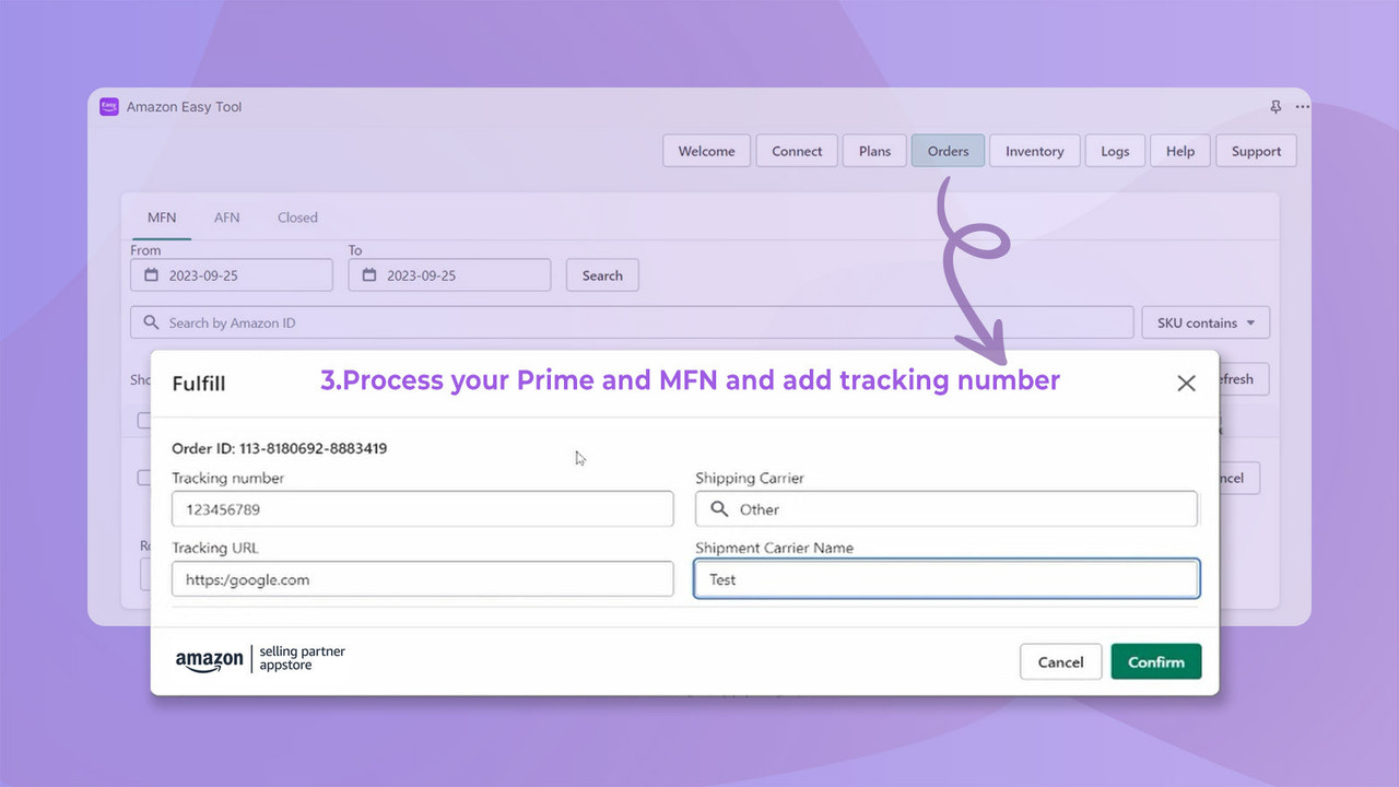 Verwerk uw Prime, Custom, MFN bestellingen en tracking nummer