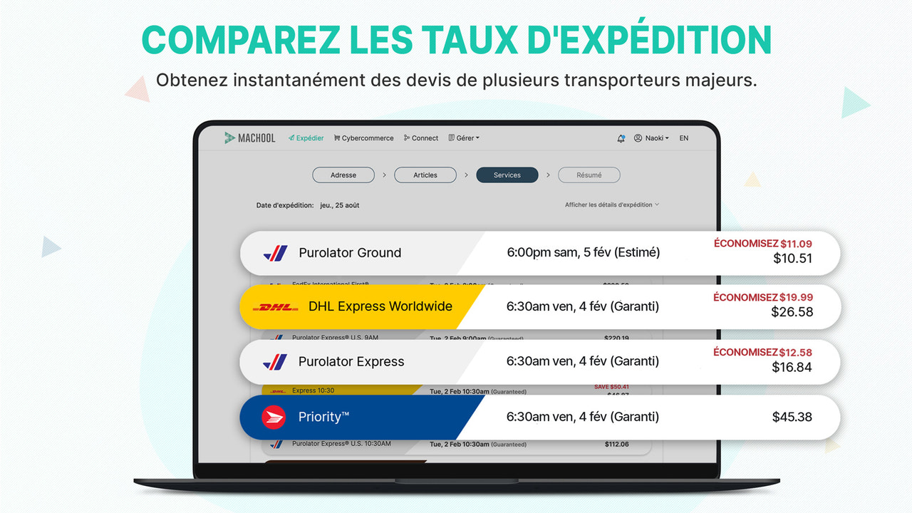 Page de services d'expédition