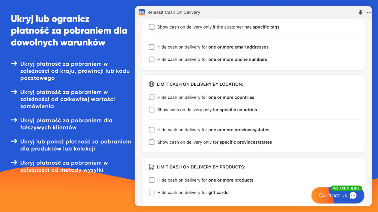 Ogranicz za pobraniem (COD) na podstawie warunków