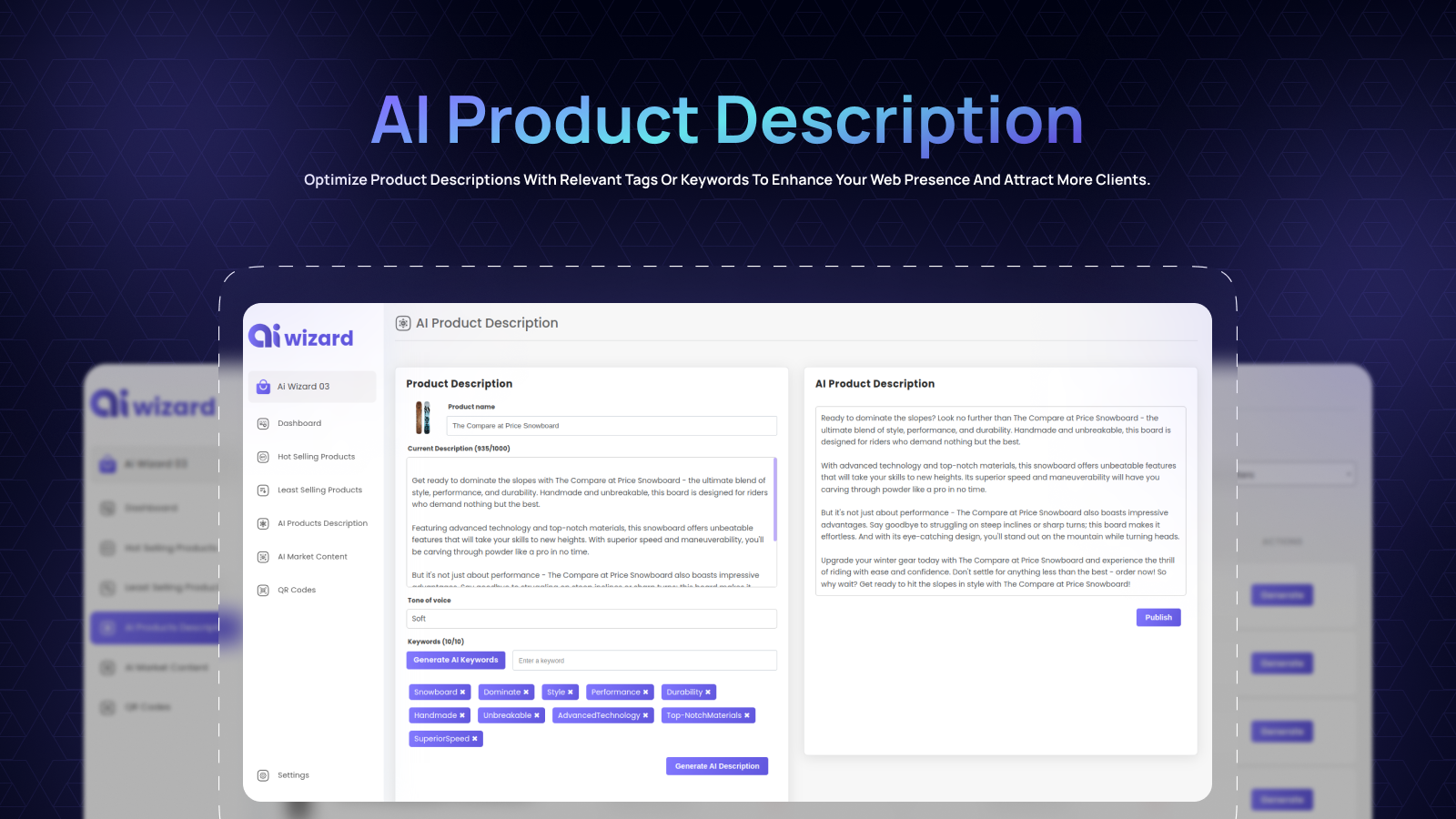 AI Wizard app generating optimized product descriptions.