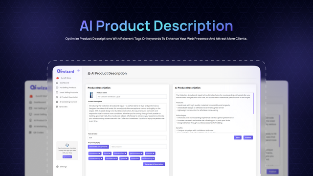 AI Wizard app generating optimized product descriptions.