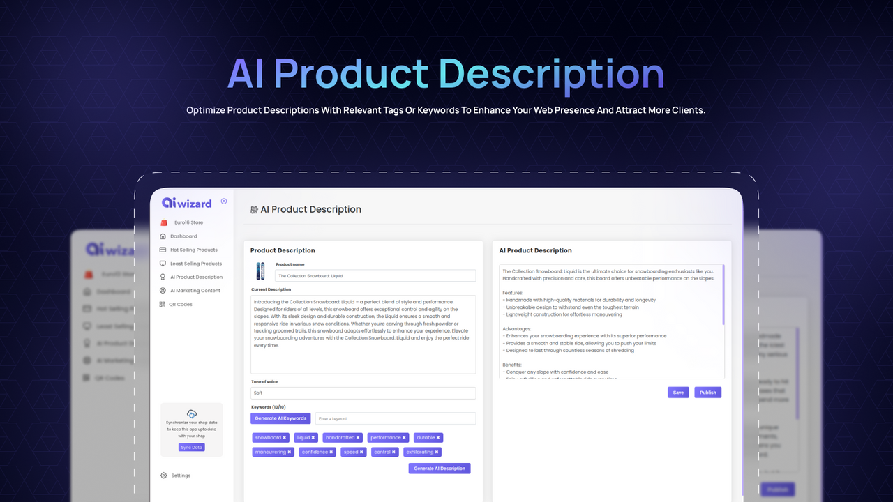 App de AI Wizard generando descripciones de productos optimizadas.