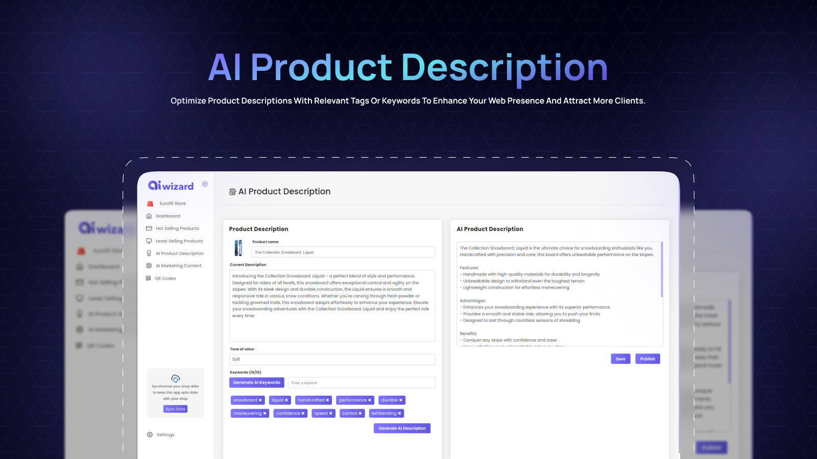 Application AI Wizard générant des descriptions de produits optimisées.