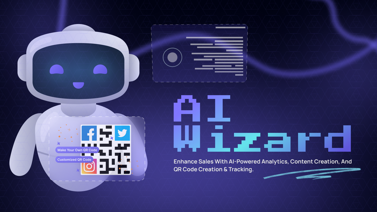 AI Wizard-robot med QR-koder og tekst: Forøg salget med AI.