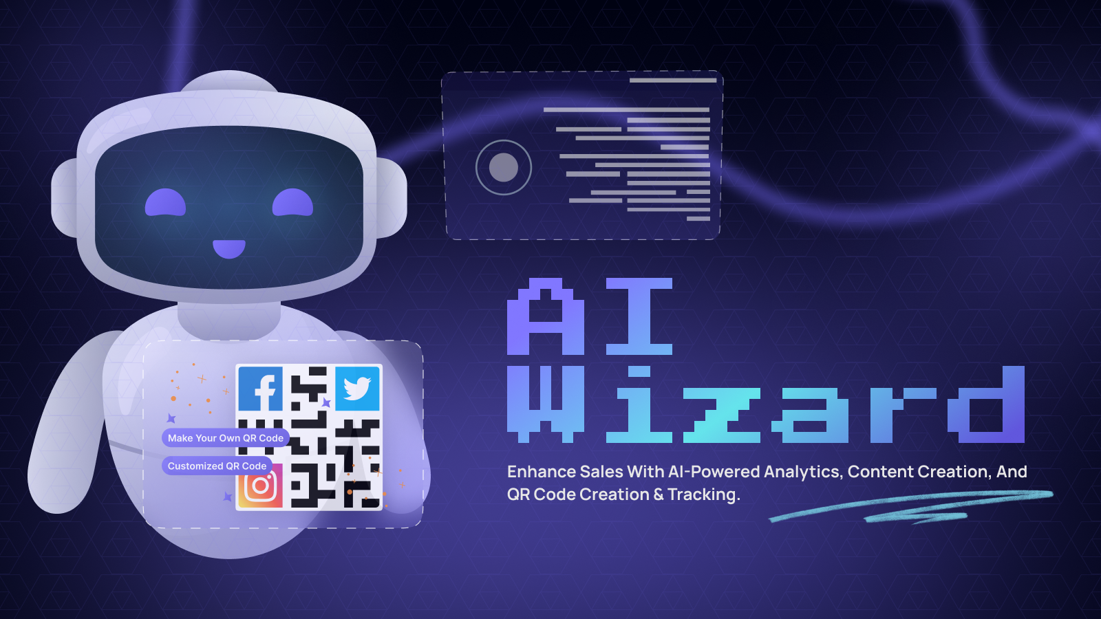 Robot de AI Wizard con códigos QR y texto: Mejore las Ventas con IA.