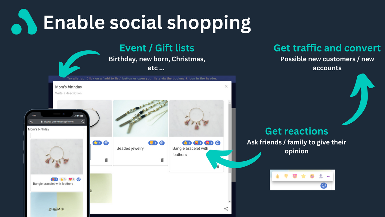 Aktivieren Sie Social Shopping: Event- und Geschenklisten. Erhalten Sie Reaktionen.