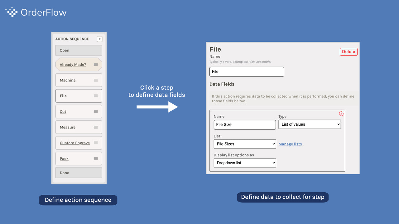 Action sequence and action editor screens