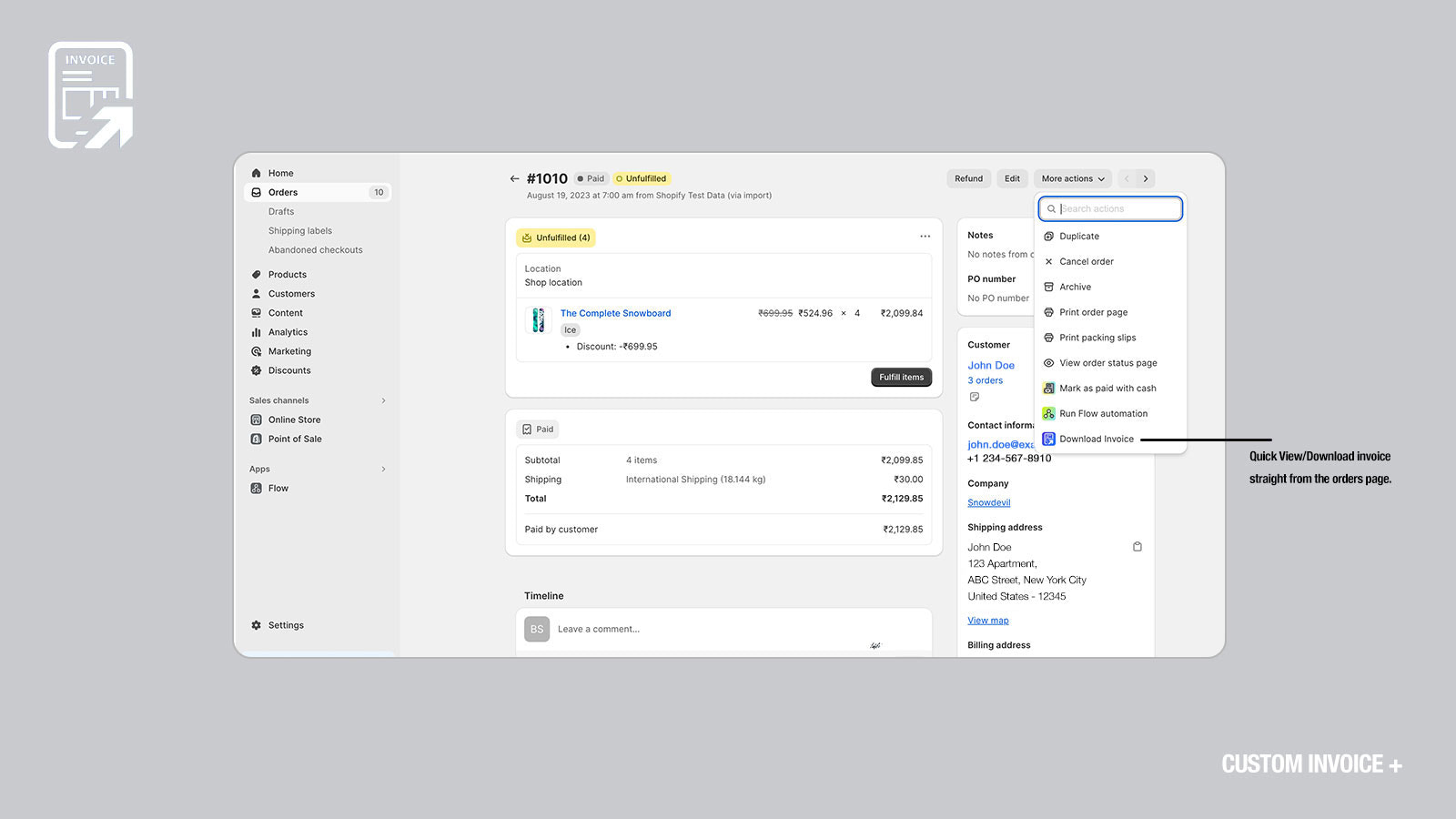 Custom Invoice Shopify App Bildschirm