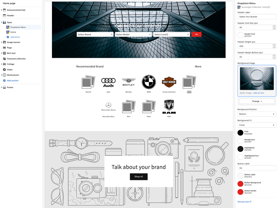 Estilo de configuración de tema incrustado, compatible con tienda en línea 2.0