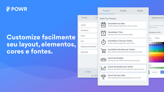 Customize facilmente seu layout, elementos, cores e fontes.