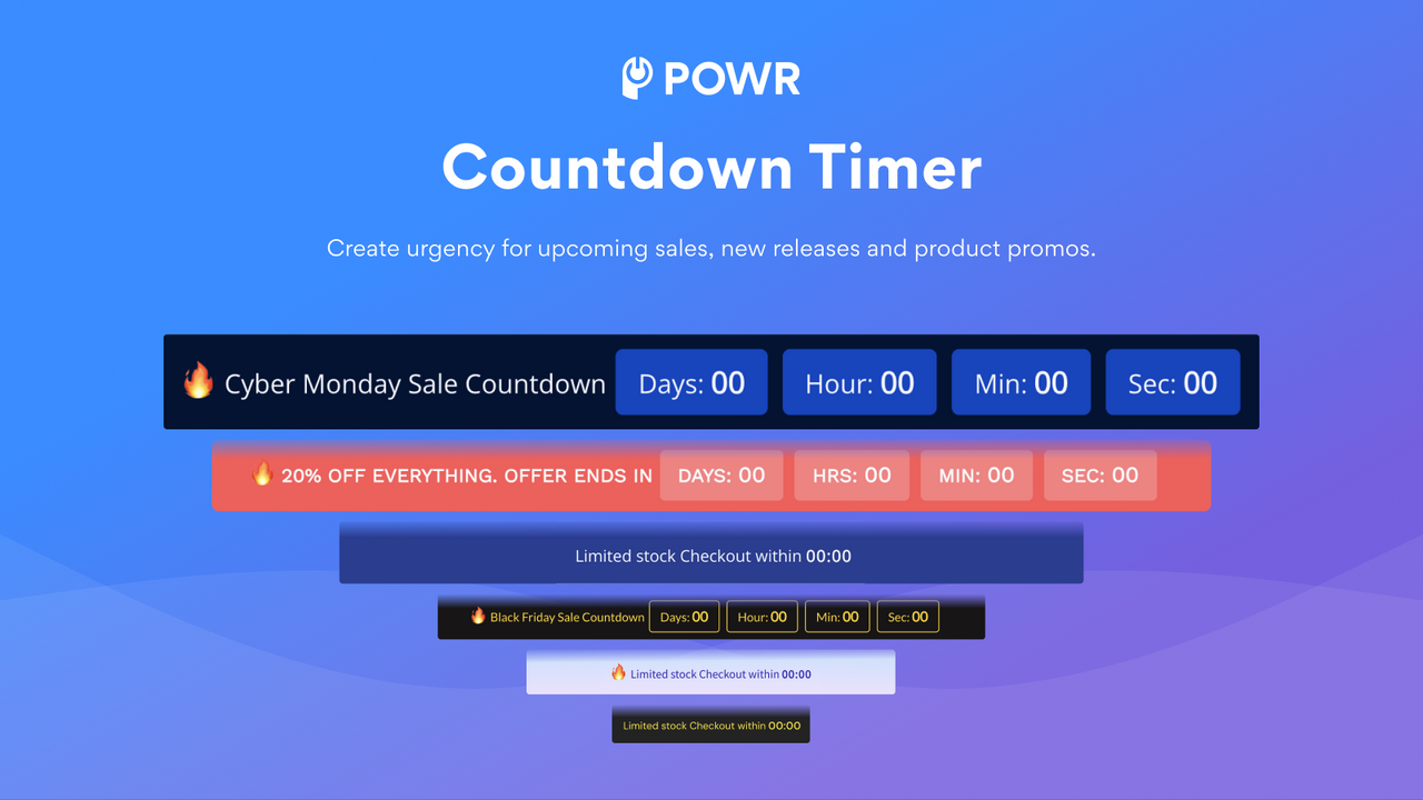 Temporizador de cuenta regresiva de POWR. Crea urgencia para las próximas ventas.