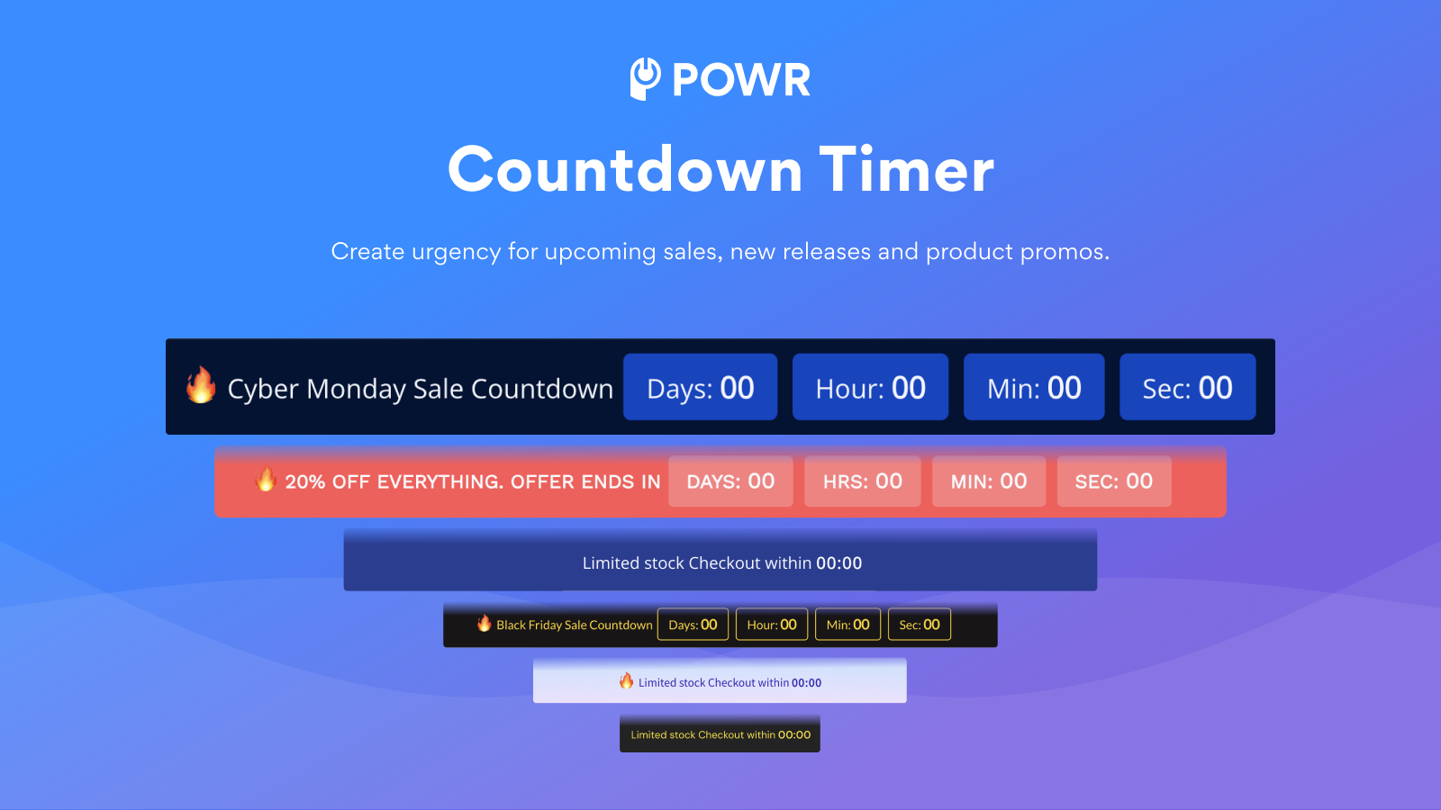 Temporizador de cuenta atrás de POWR. Crea urgencia para ventas próximas.