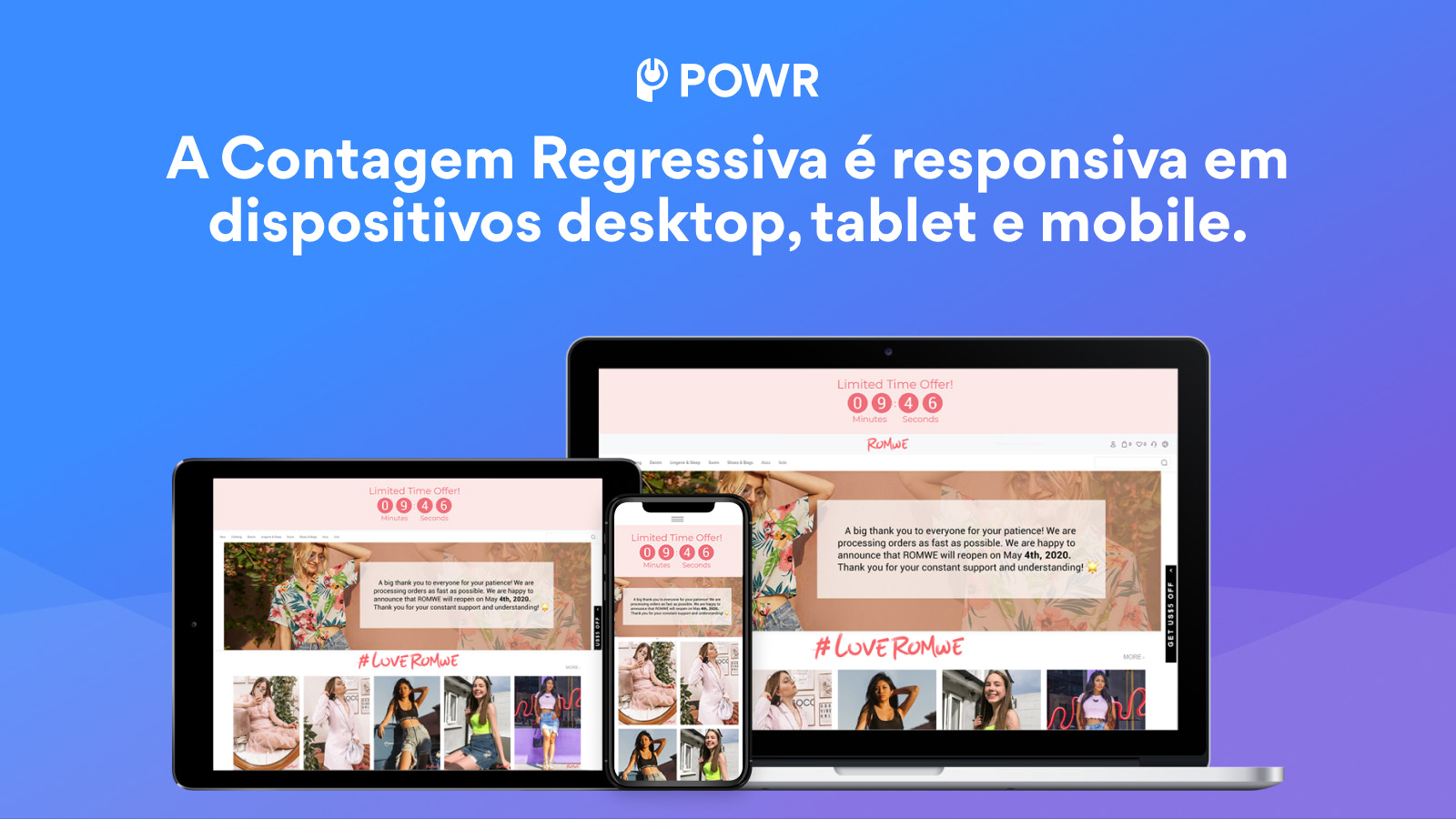 A Contagem Regressiva é responsiva em desktop, tablet e mobile.