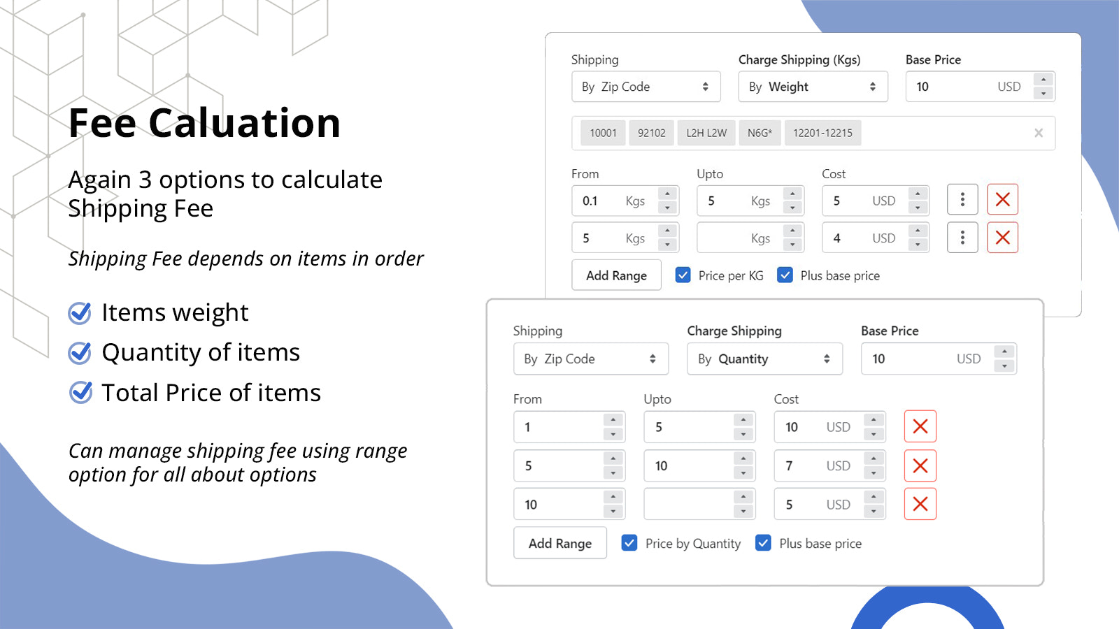 Shipping rates by weight, quantity or subtotal