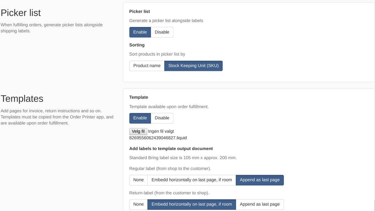 Lista de recogida + configuraciones de plantilla