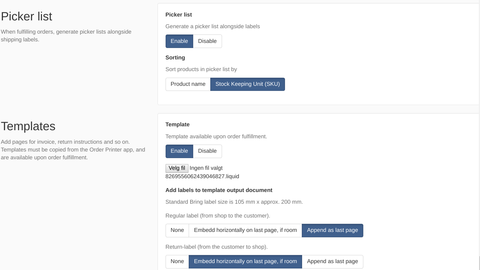 Lista de recogida + configuraciones de plantilla