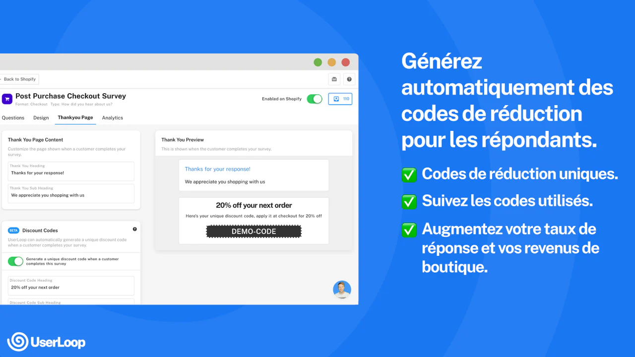 Générez des codes de réduction uniques pour les répondants.