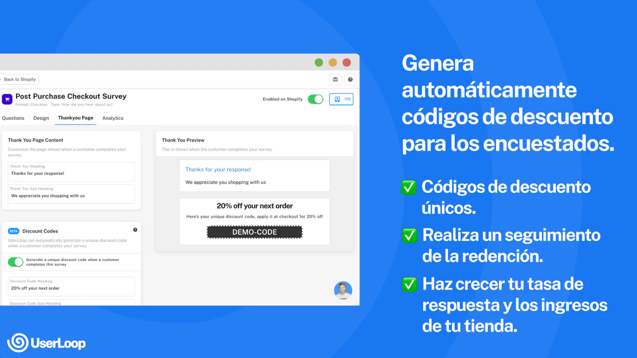 Genera códigos de descuento únicos para los encuestados.