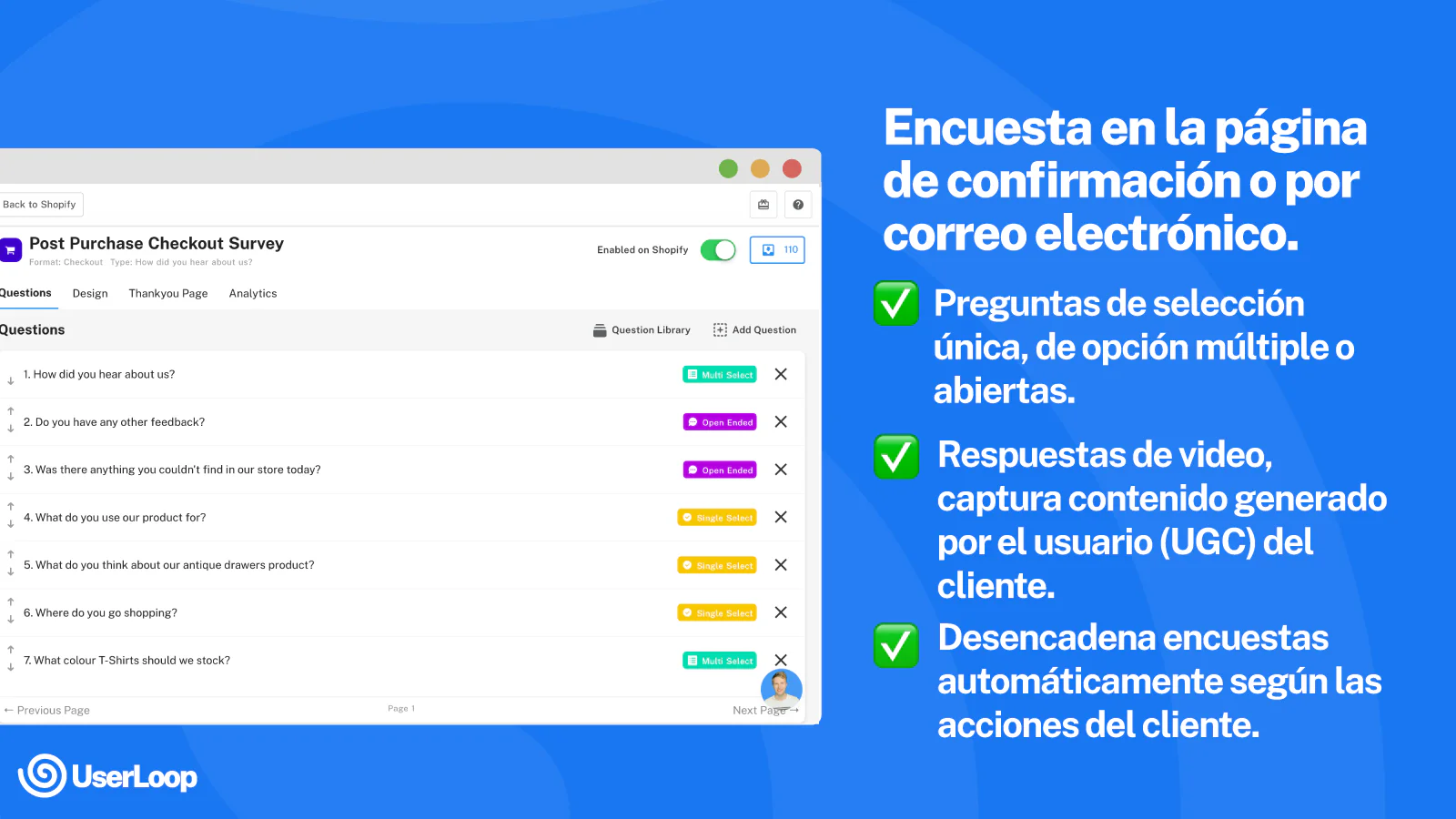 Encuesta en página de confirmación o por correo.