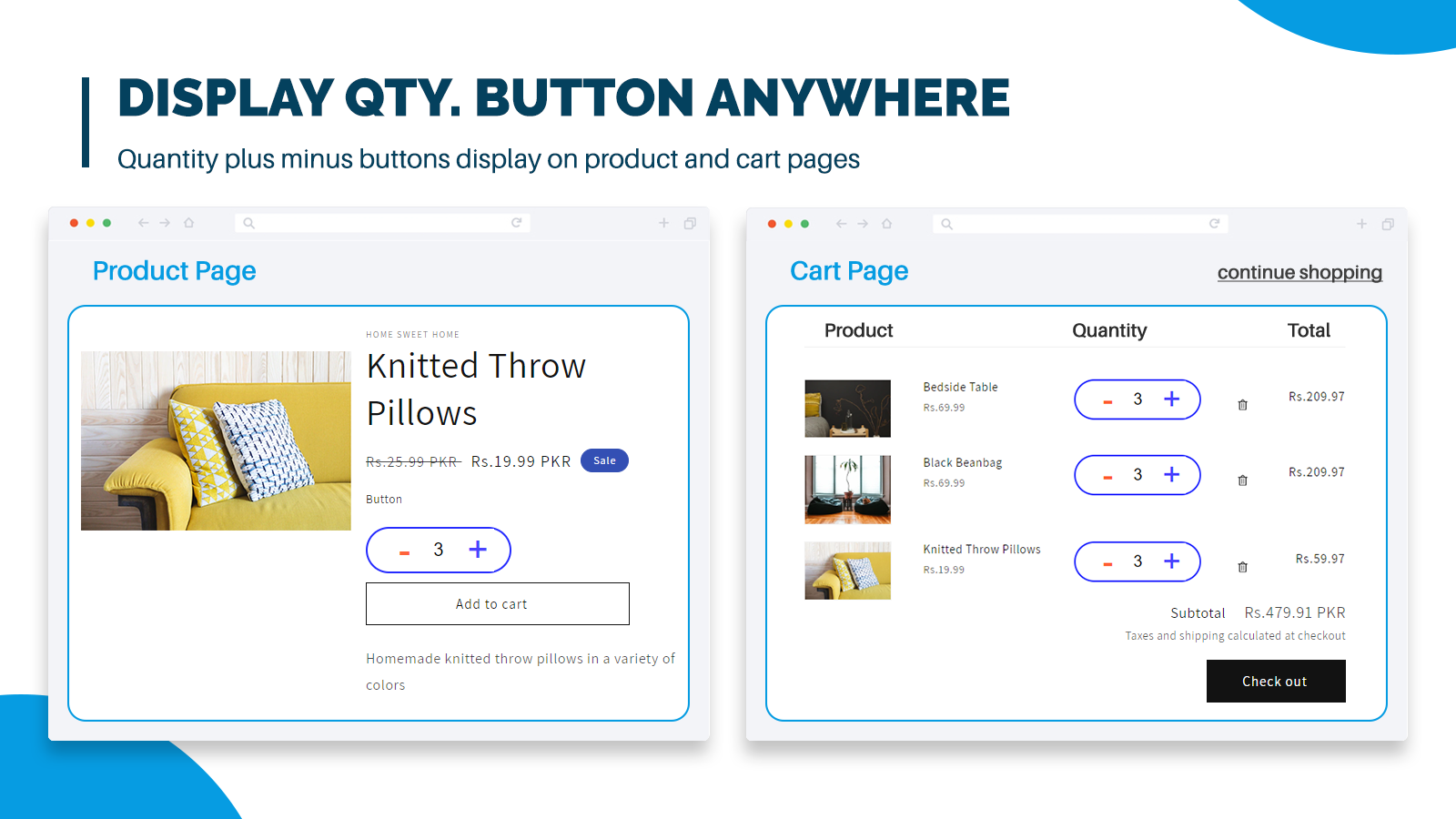 Mengen-Button auf Produkt- und Warenkorbseite