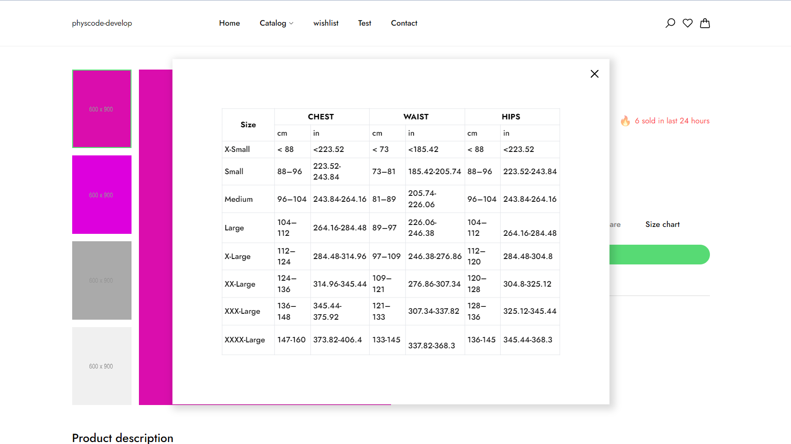 Front End - Tableau des tailles