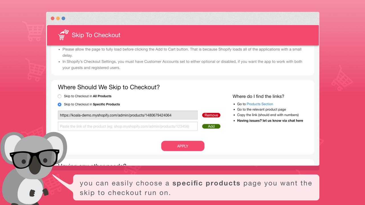 escolha facilmente uma página de produtos específica que você deseja pular o checkout
