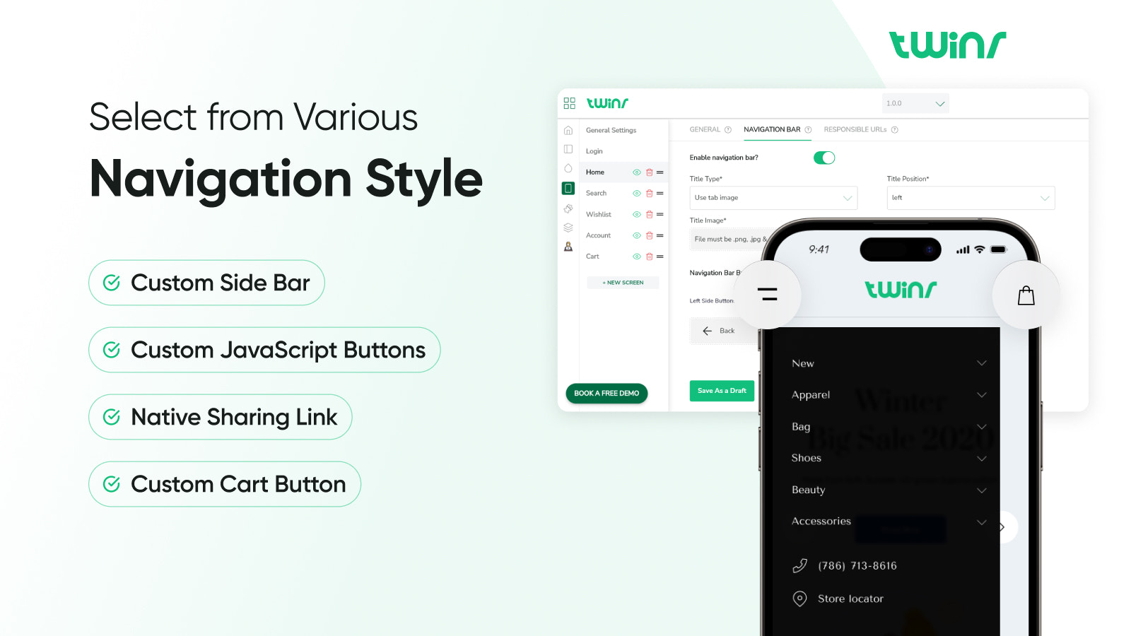 Twinr mobile app builder navigation setup and customization