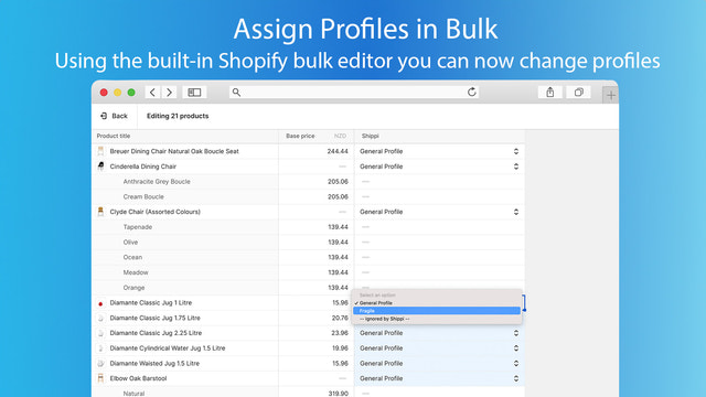 Change shipping profiles in bulk using the Shopify bulk editor