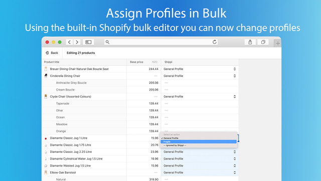 Altere perfis de envio em massa usando o editor em massa do Shopify